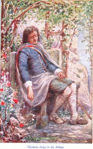 Christian schläft im Laubengang, aus The Pilgrims Progress, veröffentlicht von John F Shaw & Co, um 1900