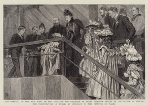 Die Eröffnung des neuen Flügels des Kinderkrankenhauses in der Great Ormonde Street durch den Prinzen von Wales, die Übergabe von Geldbörsen durch Kinder an die Prinzessin von Wales von Robert Barnes