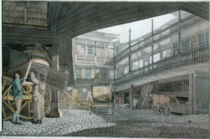 Ansicht des Hofes am Spread Eagle, Gracechurch Street, mit Kutschen und Pferden beim Füttern von Robert Blemell Schnebbelie