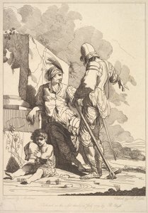 Zwei Soldaten und ein Kind, das einen Helm hält