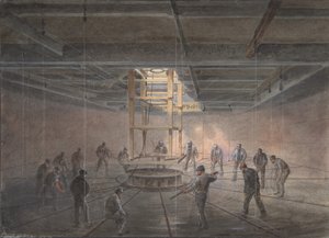 Innenraum eines der Tanks an Bord der Great Eastern: Das Kabel wird herausgeführt, 1865-66 von Robert Charles Dudley