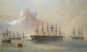 Atlantisches Telegraphenkabel-Flotte versammelt in Berehaven Südwestküste von Irland..., 1866 von Robert Charles Dudley