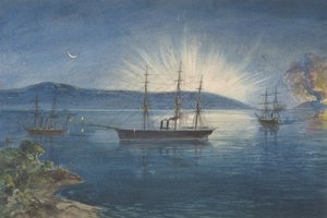 Die Bucht von Bull Arms, Trinity Bay, Neufundland, Lagerfeuer auf den Hügeln zur Benachrichtigung..., 1865-66