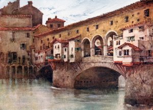 Studie, die die Ostseite der Ponte Vecchio und die alten Häuser der Via de