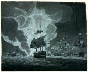 Flotte mit einem brennenden Schiff