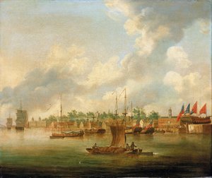 Navigation in Deptford, auf der Themse (England), gegenüber dem Royal Quay, mit einer großen Konzentration privater Werften von Robert Cleveley
