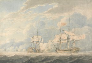 Der niederländische Vizeadmiral unter Admiral De Winter streicht seine Flagge vor dem englischen Vizeadmiral Onslow unter Admiral Duncan in der Schlacht von Camperdown, 11. Oktober 1797 von Robert Cleveley