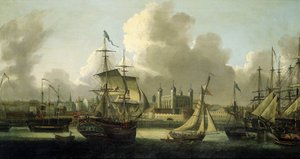 Segeln in London (England), Beschreibung des Tower of London links, verschiedene Boote aller Größen illustrieren die große Flussaktivität auf der Themse