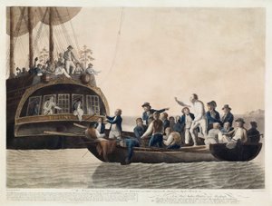 Die Meuterer setzen Leutnant Bligh und einen Teil der Offiziere und Besatzung aus, 29. April 1789, veröffentlicht 1790