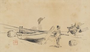 Zwei japanische Fischerboote am Ufer