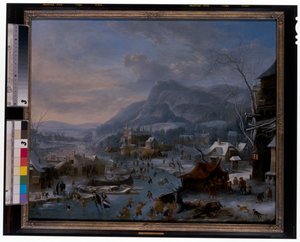 Winter: Eine gefrorene Winterlandschaft mit Bauern von Robert Griffier