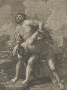 Herkules trägt ein Löwenfell und kämpft gegen Achelous, eine Landschaft im Hintergrund, ca. 1713-72 von Robert Hecquet