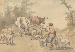 Herde von Schafen und Kühen