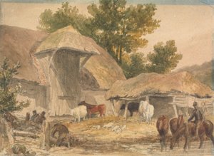 Bauernhof mit wartenden Pferden