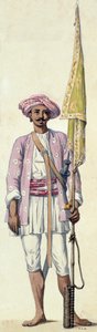 Indischer Soldat (Raketenmann) der Armee von Tipu Sultan, der seine Rakete als Fahnenmast benutzt, Madras