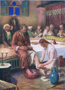 Jesus wäscht den Jüngern die Füße, aus Das Bibelbilderbuch, veröffentlicht von Thomas Nelson, ca. 1950