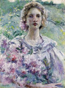 Frau mit Blumen. Gemälde von Robert Reid (1862-1929). Öl auf Leinwand. Private Sammlung.