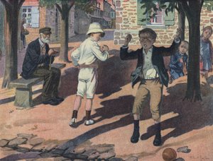Ein kleiner Junge wird während eines Spiels mit seinen Kameraden wütend (schlechter Verlierer). Illustration von Robert Salles (1871-1929) in „Ich kann lesen“.