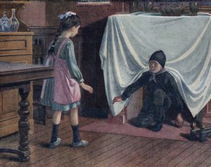 Ein junger Schornsteinfeger, bedeckt mit Ruß, verlässt den Schornstein, bedeckt von einem Laken. Er erschreckt ein kleines Mädchen, das denkt, er sei der Teufel. Illustration von Robert Salles (1871-1929) in „Je sais Lire“ von Robert Salles