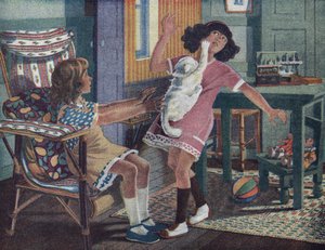 Annettes kleines Kätzchen: Eine weiße Katze kratzt das Gesicht eines kleinen Mädchens, das mit ihrer Freundin spielt. Illustration von Robert Salles (1871-1929) in „Ich kann lesen“. von Robert Salles