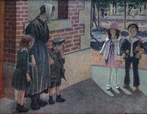 Wohltätigkeit: Eine Mutter und ihre zwei Kinder bitten einen Jungen und ein Mädchen auf der Straße um Almosen, die ihnen ihre Ersparnisse und Spielzeuge geben. Illustration von Robert Salles (1871-1929) in „Ich kann lesen“ von Robert Salles