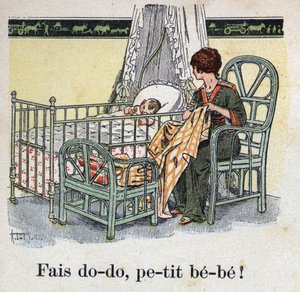 Kinderbuch „Ich werde lesen - Methodisches und lustiges Alphabet von einem Vater“ 1926. Illustration von Robert Salles (1871-1929). „Schlaf, Baby, schlaf!“. Eine Mutter näht im Zimmer ihres Kindes und wartet darauf, dass ihr Baby schläft.