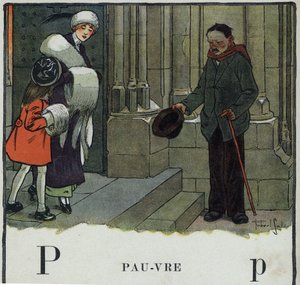 Kinderbuch „Ich werde lesen - Methodisches und lustiges Alphabet von einem Vater“ 1926. Illustration von Robert Salles (1871-1929). Abecedarium: Buchstabe P wie Arm. Ein Bettler bettelt vor der Kirche.