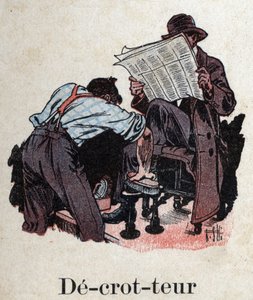 Kinderbuch „Ich werde lesen - Methodisches und lustiges Alphabet von einem Vater“, 1926. Illustration von Robert Salles (1871-1929). „Schuhputzer“: Ein Schuhputzer reinigt die Schuhe eines Kunden, der Zeitung liest.