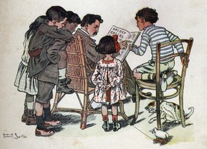 Kinderbuch „Ich werde lesen - Methodisches und lustiges Alphabet von einem Vater“ 1926. Illustration von Robert Salles (1871-1929). Ein Familienvater bringt Kindern das Lesen bei
