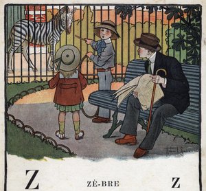 Kinderbuch „Ich werde lesen - Methodisches und lustiges Alphabet von einem Vater“ 1926. Illustration von Robert Salles (1871-1929). Abecedaire: Buchstabe Z wie Zebra. Kinder, mit einem Reifen, schauen sich ein Zebra im Zoo an