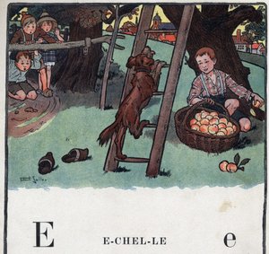 Kinderbuch „Ich werde lesen - Methodisches und lustiges Alphabet von einem Vater“ 1926. Illustration von Robert Salles (1871-1929). Abecedaire: Buchstabe E wie Leiter. Ein Hund klettert auf die Leiter, die an einem Apfelbaum lehnt