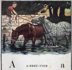 Kinderbuch „Ich werde lesen - Methodisches und lustiges Alphabet von einem Vater“ 1926. Illustration von Robert Salles (1871-1929). Abecedaire: Buchstabe A wie Trinkwasser. Zwei Pferde trinken Wasser von Robert Salles