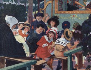 Puppentheater: Kinder im Guignol-Theater werden von einem weinenden Baby gestört. Illustration von Robert Salles (1871-1929) in „Ich kann lesen“ von Robert Salles