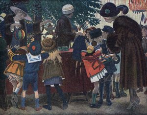 Der Weihnachtsbaum der Lothringer Elsässer: Kinder aus dem Elsass und Lothringen (Elsass-Lothringen) kommen, um ihre Geschenke um den Weihnachtsbaum abzuholen, der der Stadt geschenkt wurde. Illustration von Robert Salles (1871-1929) in „Ich kann lesen“ von Robert Salles