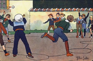 Der Ball im Lager (oder Gefangenenball oder Jägerball). Gravur in "Was spielen wir?" von E. Weber mit Aquarellzeichnungen von Robert Salles (1871-1929). Librairie Garnier Freres, Paris von Robert Salles