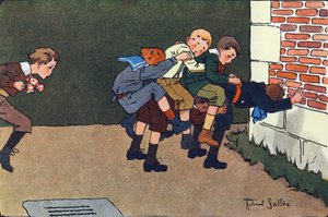 Das geschmolzene Pferd (wenn man springt, muss man einen Kalifurchon auf den Rücken eines anderen Kindes springen, ohne die anderen zu stoßen). Gravur in "Was spielen wir?" von E. Weber mit Aquarellzeichnungen von Robert Salles (1871-1929). Librairie Garni von Robert Salles