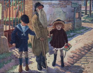 Der Stock des Blinden: Zwei Kinder helfen einem blinden alten Mann beim Gehen. Illustration von Robert Salles (1871-1929) in „Ich kann lesen“. von Robert Salles