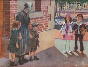 Zwei wohlhabende Kinder treffen auf eine arme Mutter und ihre bettelnden Kinder auf der Straße von Robert Salles
