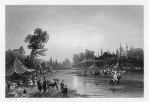 Der Barrada-Fluss, der antike Pharpar, Damaskus, Syrien, 1841 von Robert Sands