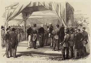 Lord Gough verleiht Marschall Pelissier den Bath-Orden im Hauptquartier auf der Krim von Robert Thomas Landells