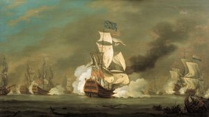 Eine Schlacht zwischen englischen und niederländischen Schiffen, frühes 18. Jahrhundert von Robert Woodcock
