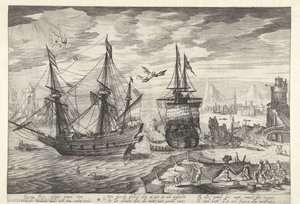 Hafen mit Schiffen, in der Luft der Sturz des Ikarus von Robert de Baudous