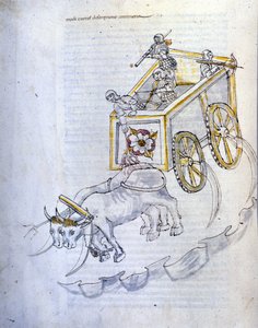 Kunst des Krieges: Studie über militärische Maschinen. Sturmwagen mit Sicheln, Illustration aus 