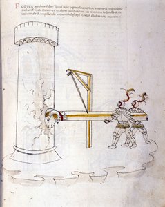 Kunst des Krieges: Studie über militärische Maschinen. Verwendung des Widders zum Belagern eines Turms, Illustration aus 