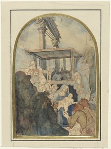 Studie für eine Anbetung der Könige, im Hintergrund eine Ruine mit zwei korinthischen Säulen von Rodolphe Bresdin