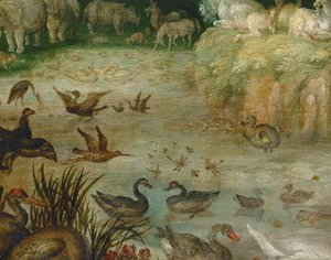 Der Teich. Tiere trinken, Enten schwimmen, ein Einhorn im Hintergrund