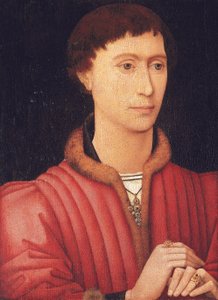 Porträt eines jungen Mannes, Brustbild, in einem pelzbesetzten roten Wams, ca. 1450-60 von Rogier van der (circle of) Weyden