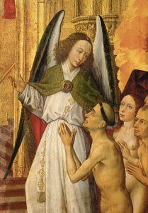 Altar des Jüngsten Gerichts: Detail: Ein Engel führt die Gerechten ins Paradies, eine goldene Kathedrale
