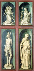 Die Verkündigung, St. Sebastian, St. Antonius der Große und die beiden Stifter, Tafeln von der Rückseite des Jüngsten Gerichts, um 1445-50 von Rogier van der Weyden