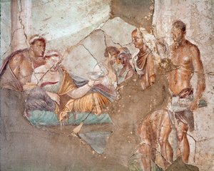 Ein Bankett, wahrscheinlich die Königin von Numidien Sophonisba, die Selbstmord begeht, indem sie Gift trinkt (Fresko) von Roman